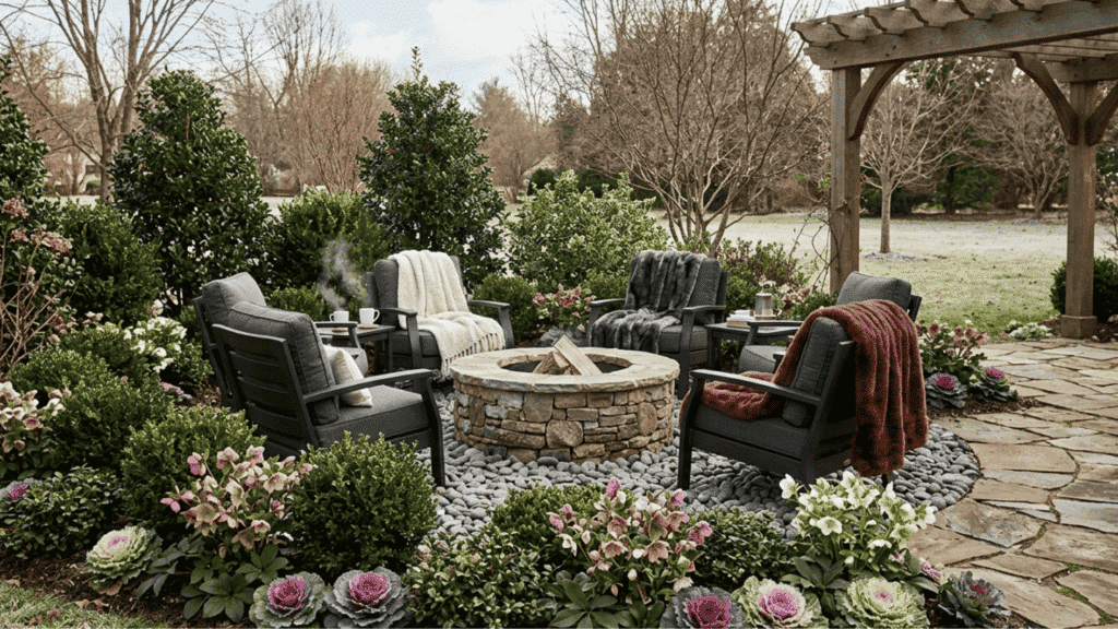 cozy winter backyard fire pit garden circular seating stone pit landscaping cottage garden design
