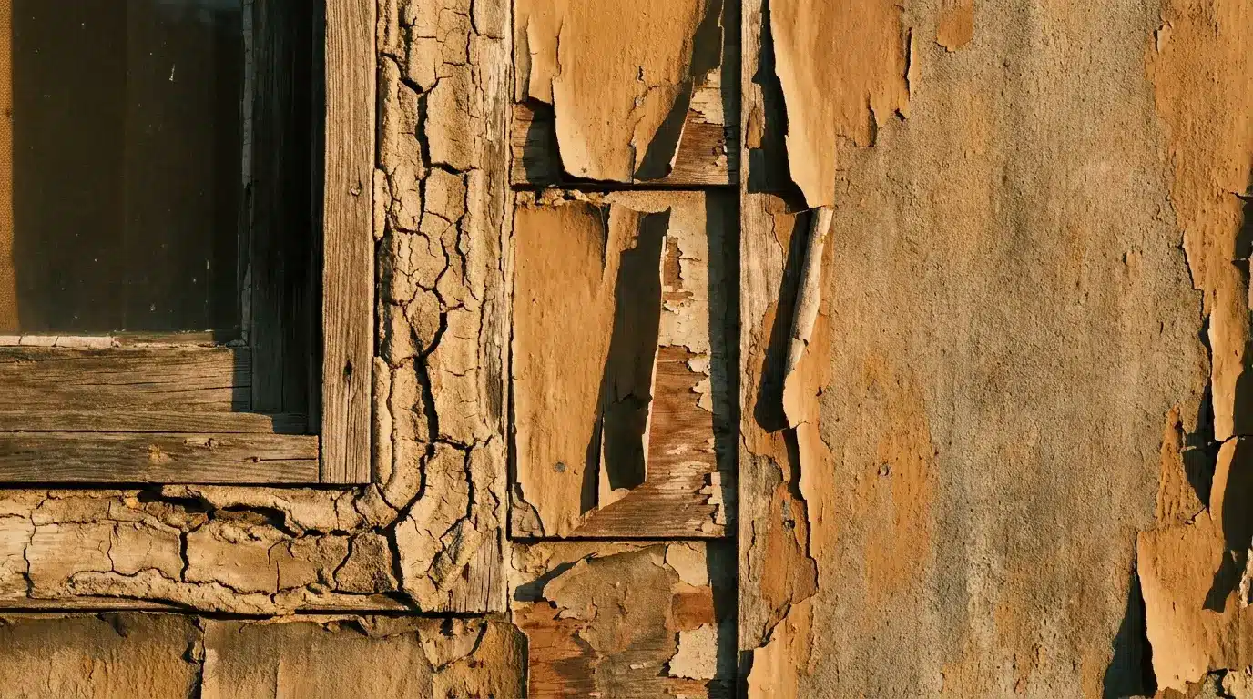 Weathered wooden window frame and cracked tan plaster on exterior wall in warm sunlight