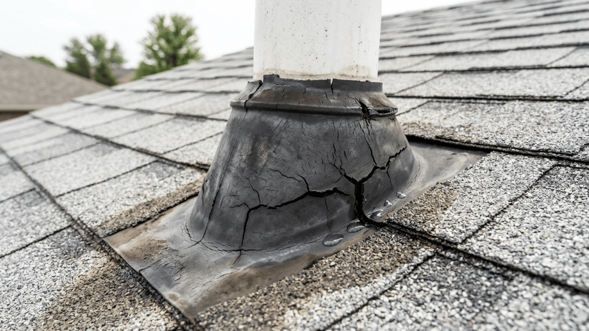 cracked vent boot around pipe allowing water to seep into roof structure.