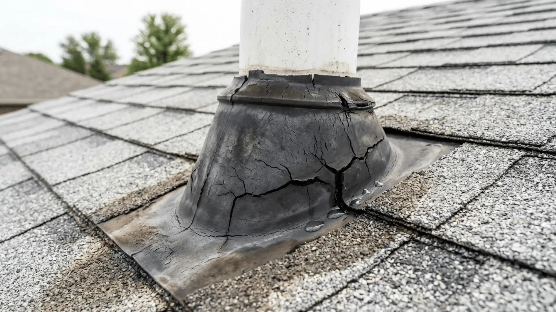 cracked vent boot around pipe allowing water to seep into roof structure.