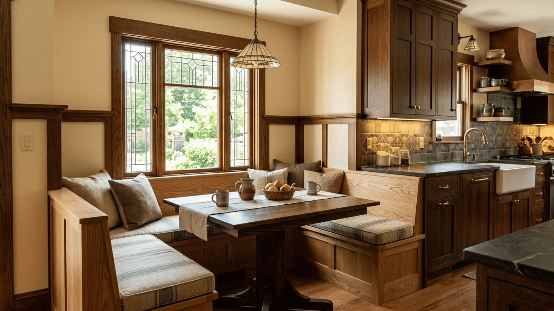 craftsman kitchen breakfast nook with built-in seating and wood trim details.