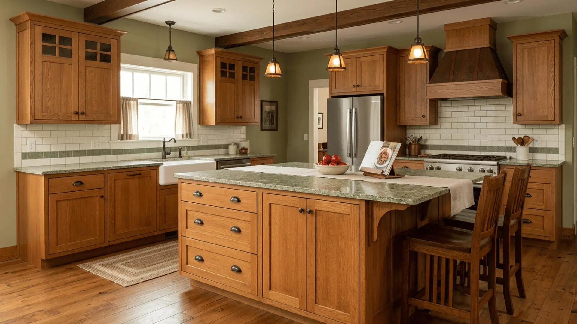 craftsman kitchen island with storage, seating, and wood design.