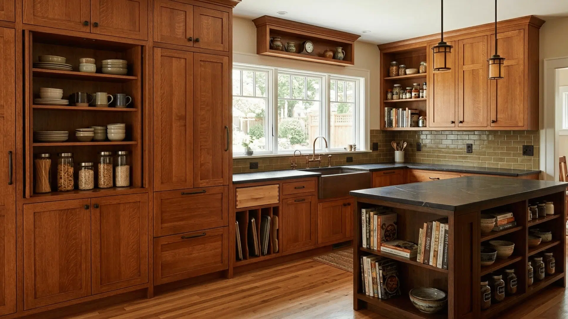 craftsman kitchen with built-in storage, open shelves, and warm wood cabinetry.