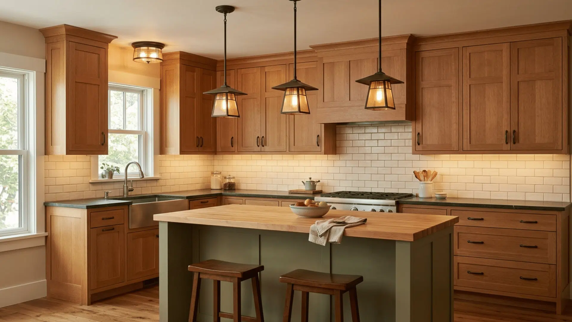 craftsman kitchen with classic pendant lighting and warm glow ambiance.