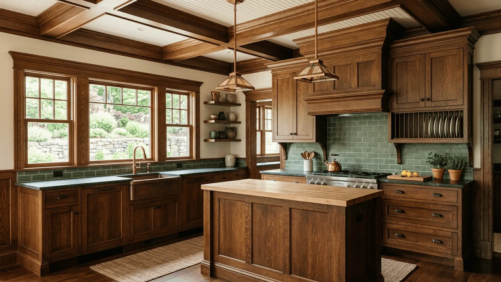 craftsman kitchen with detailed wood trim, beams, and classic cabinetry.
