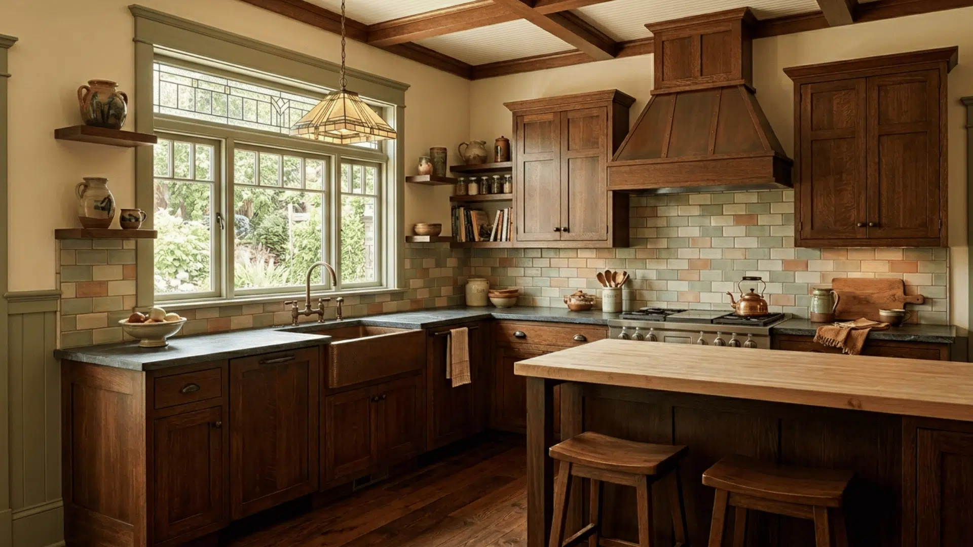 craftsman kitchen with earthy tones, wood cabinets, and cozy lighting.