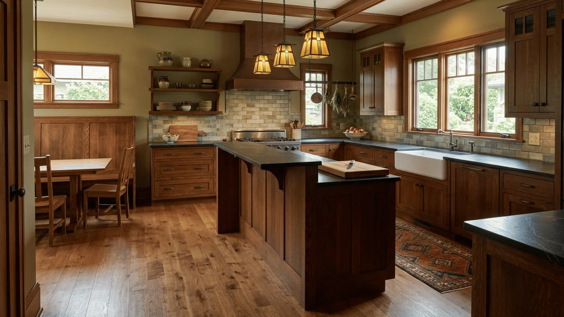 craftsman kitchen with exposed beams, warm lighting, and wood cabinetry.