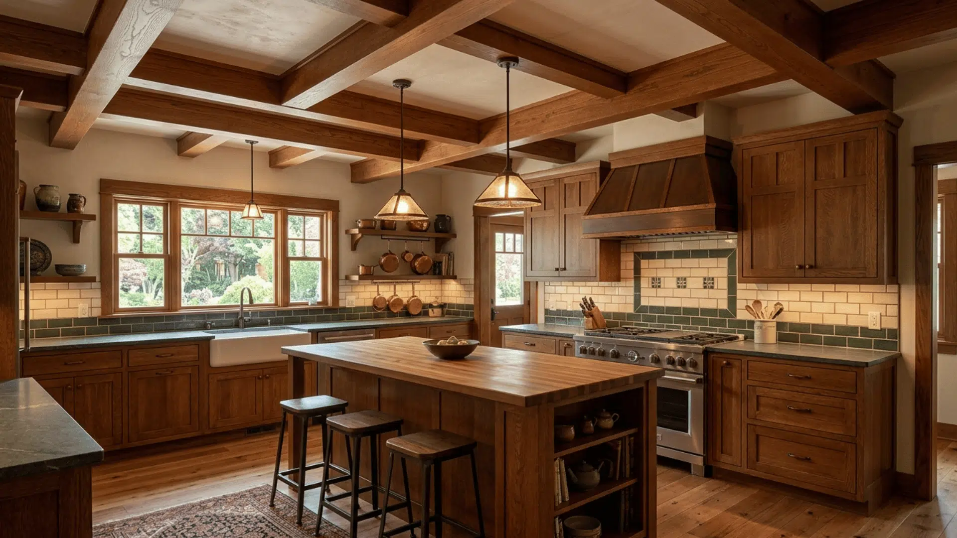 craftsman kitchen with exposed wood beams and custom cabinetry details.