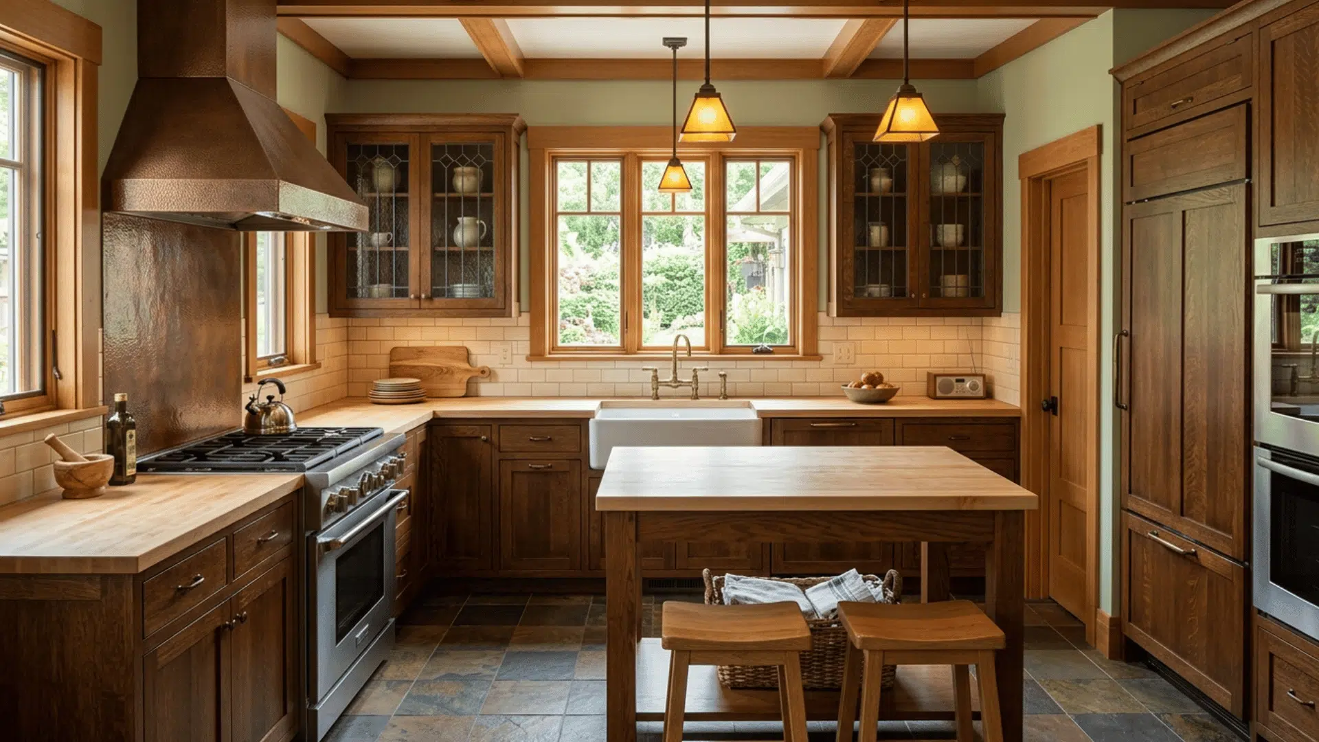 craftsman kitchen with functional layout, island, and warm wood tones.