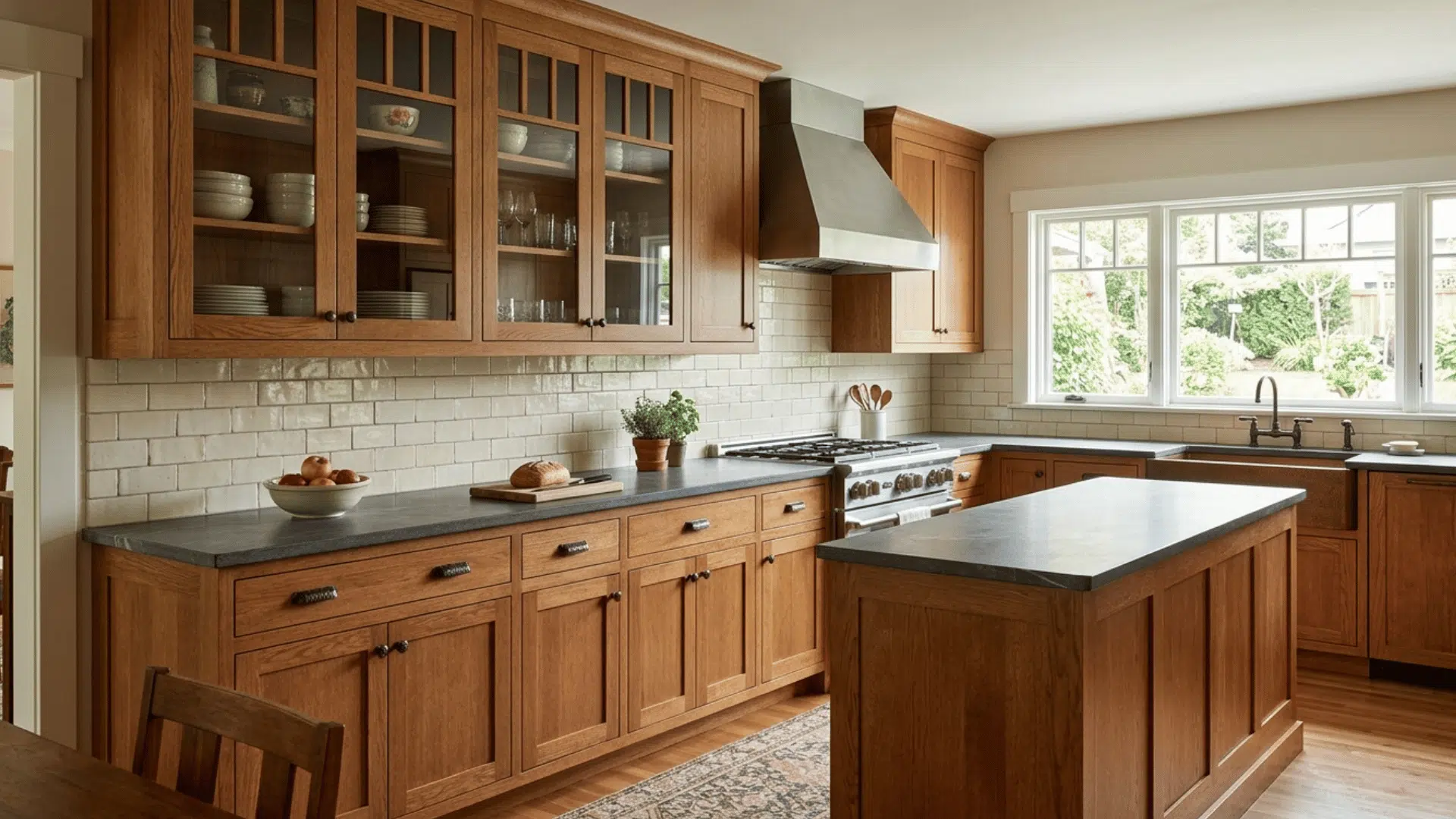 craftsman kitchen with glass-front cabinets, wood island, and neutral tile backsplash.