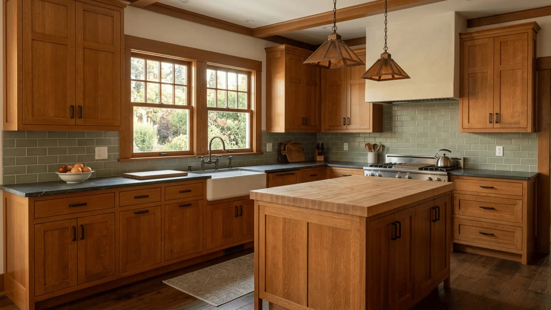 craftsman kitchen with island, farmhouse sink, and shaker-style wood cabinets.