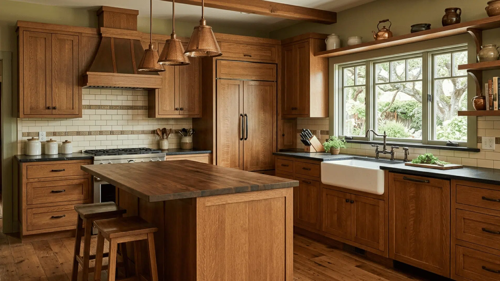 craftsman kitchen with island seating, pendant lights, and wood finishes. (1)