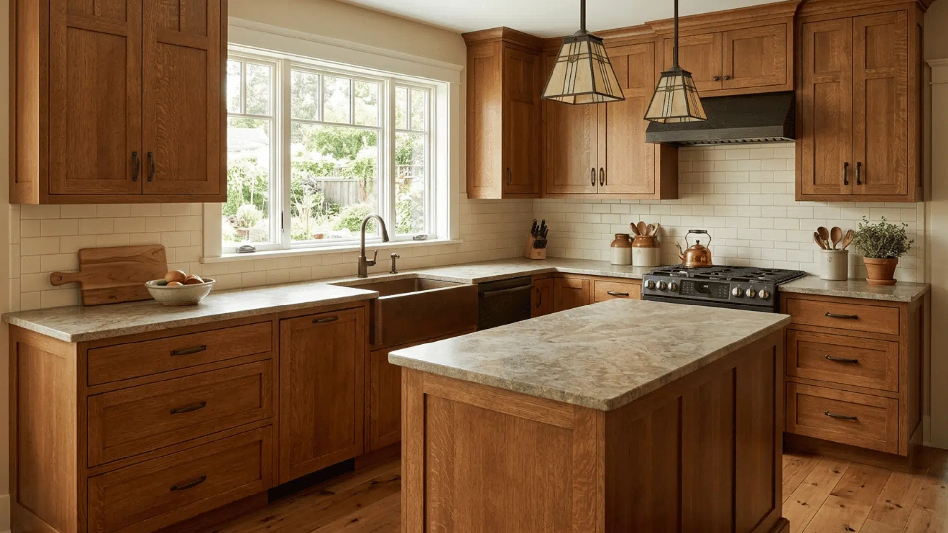 craftsman kitchen with natural stone countertops and warm wood finishes.