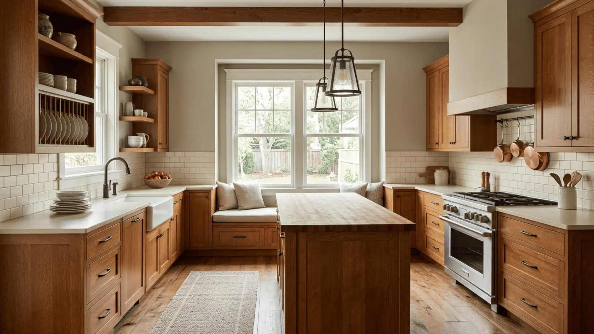 craftsman kitchen with neutral colors, wood cabinets, and simple layout.