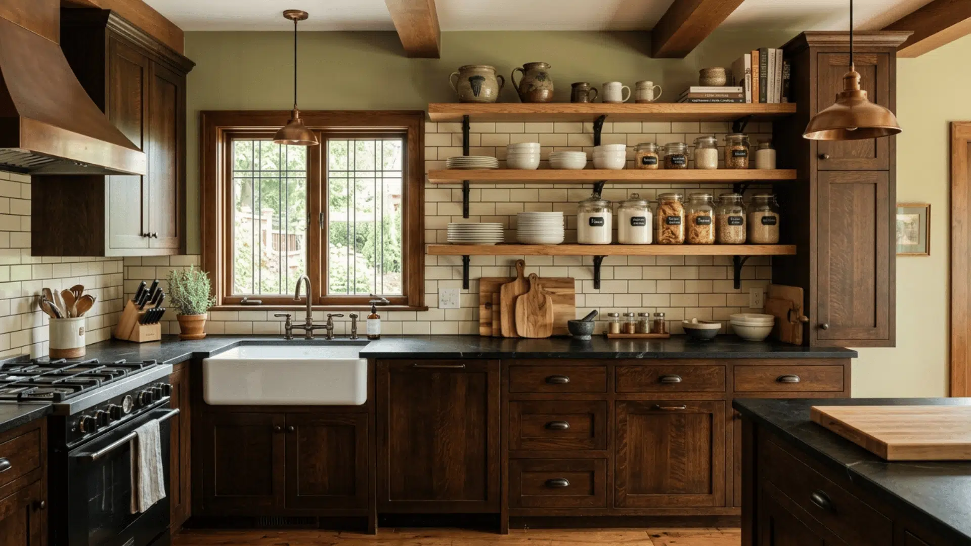 craftsman kitchen with open shelving, farmhouse sink, and dark wood cabinets.