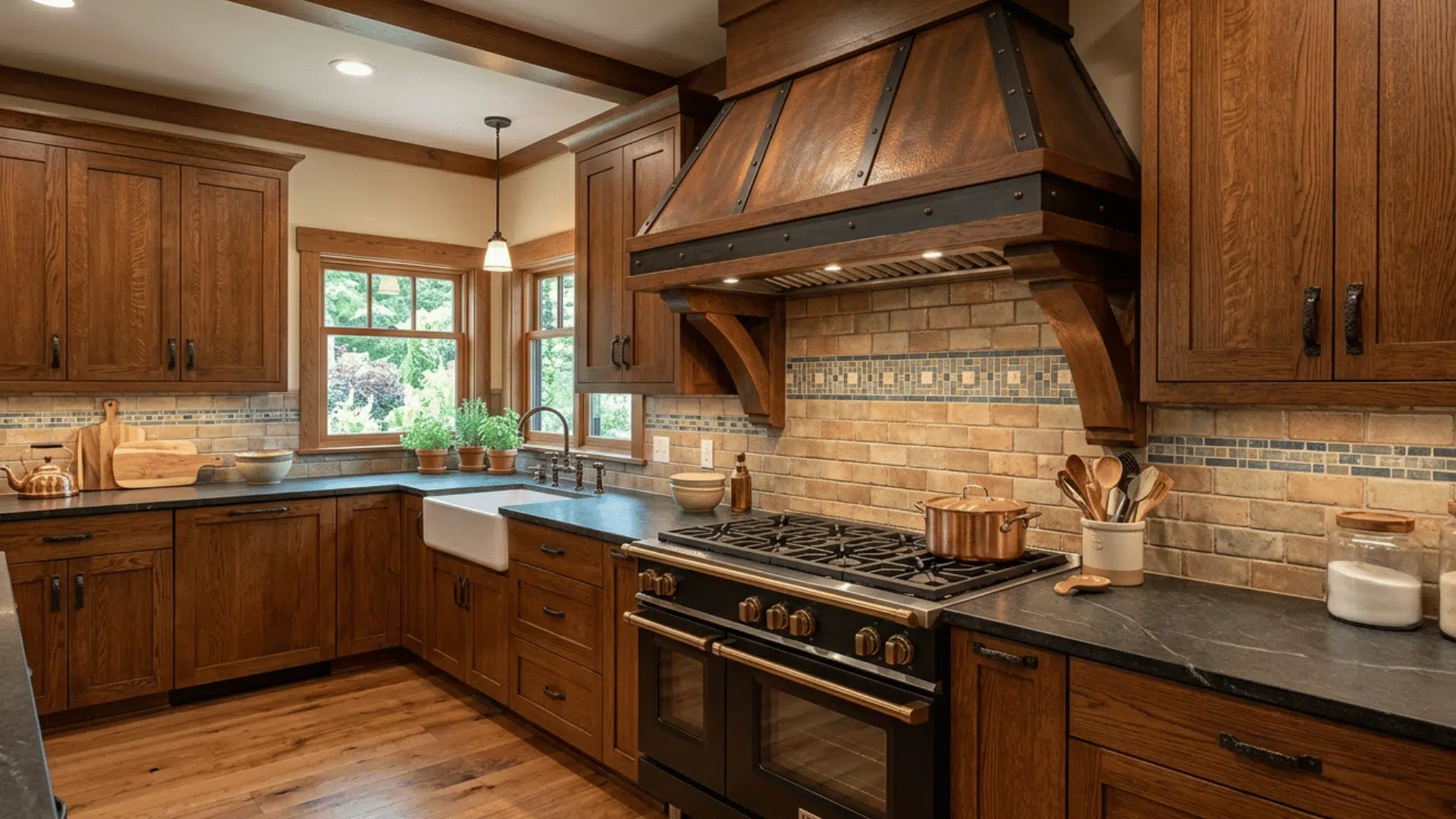 craftsman kitchen with statement range hood and wood cabinetry.