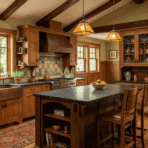 craftsman style kitchen with wood cabinets, island, exposed beams, and warm lighting.