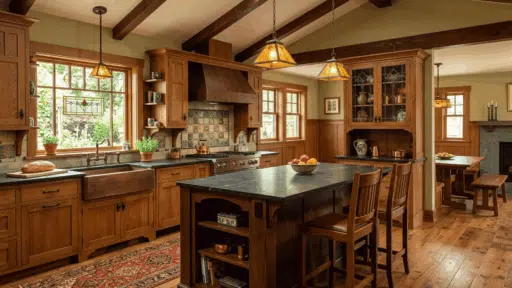 craftsman style kitchen with wood cabinets, island, exposed beams, and warm lighting.
