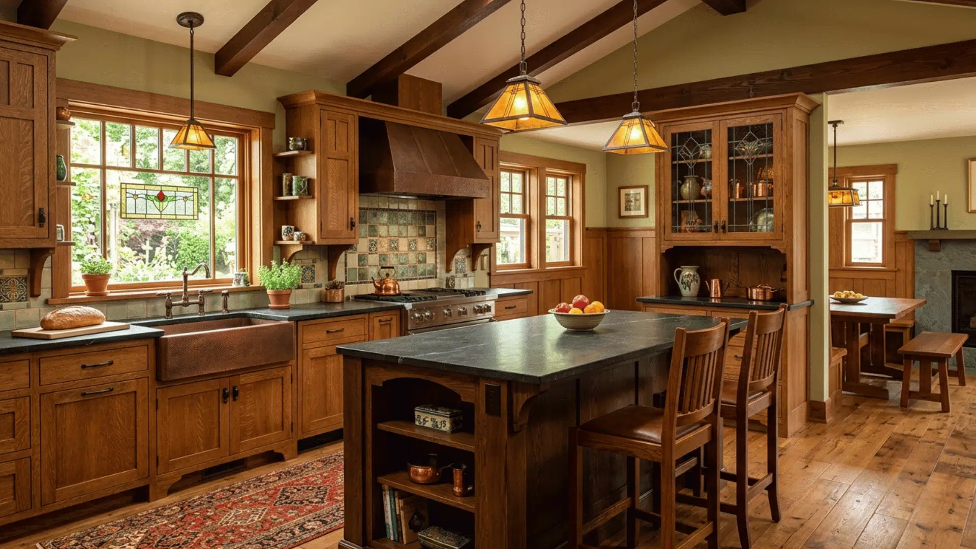 craftsman style kitchen with wood cabinets, island, exposed beams, and warm lighting.