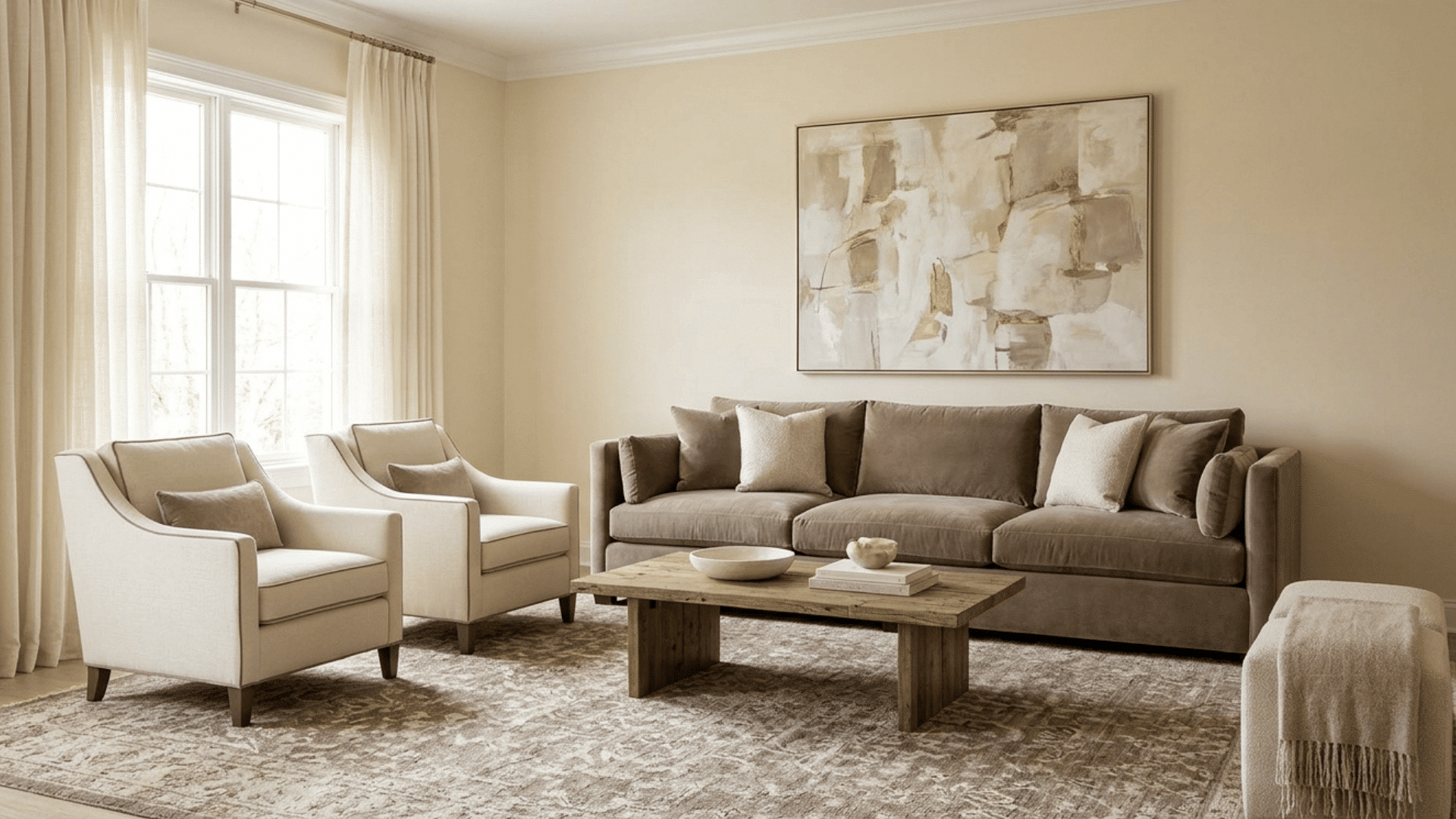 cream and taupe living room with cozy seating and warm neutral tones.