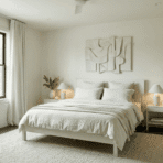 cream color-drenched bedroom with soft linen bedding, matching walls and curtains, warm lighting, and minimal decor creating a calm, cohesive space