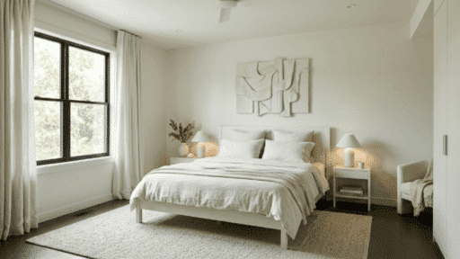 cream color-drenched bedroom with soft linen bedding, matching walls and curtains, warm lighting, and minimal decor creating a calm, cohesive space