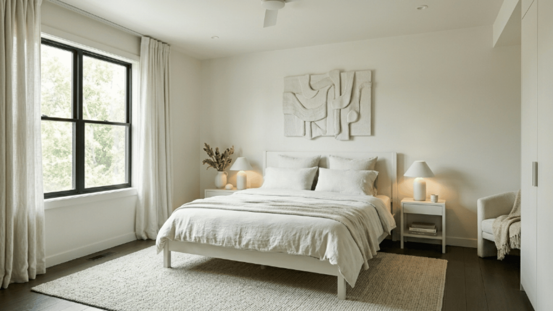 cream color-drenched bedroom with soft linen bedding, matching walls and curtains, warm lighting, and minimal decor creating a calm, cohesive space