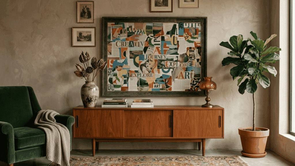 creative collage wall art made from old magazine cutouts in a framed display.