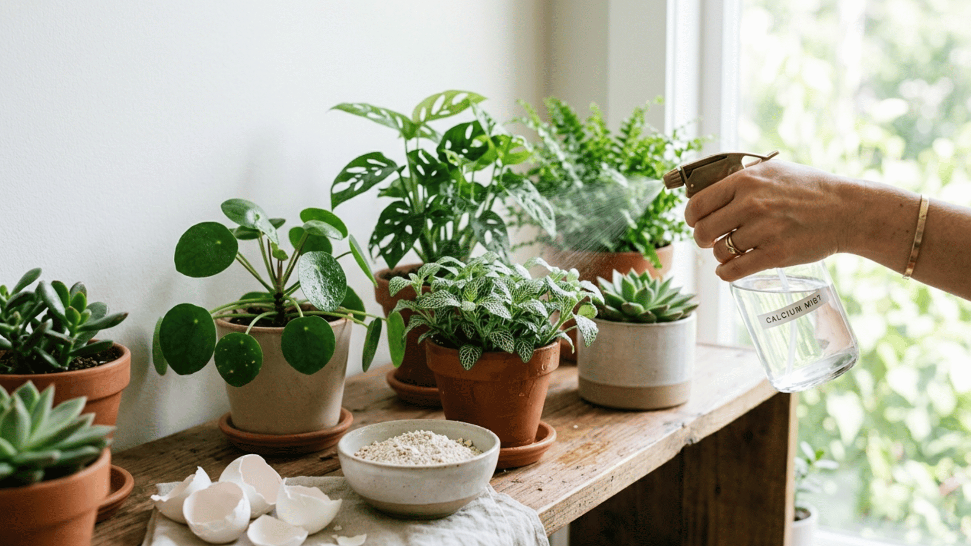 crushed eggshell powder and spray bottle used to feed plants in indoor garden setup