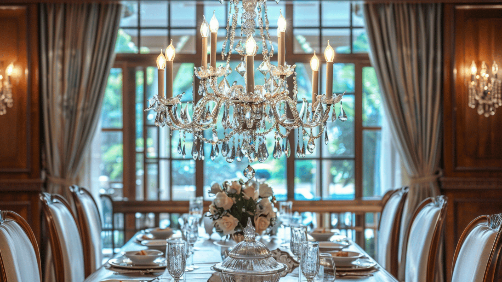 crystal chandelier above dining table reflecting light in a formal dining room setting