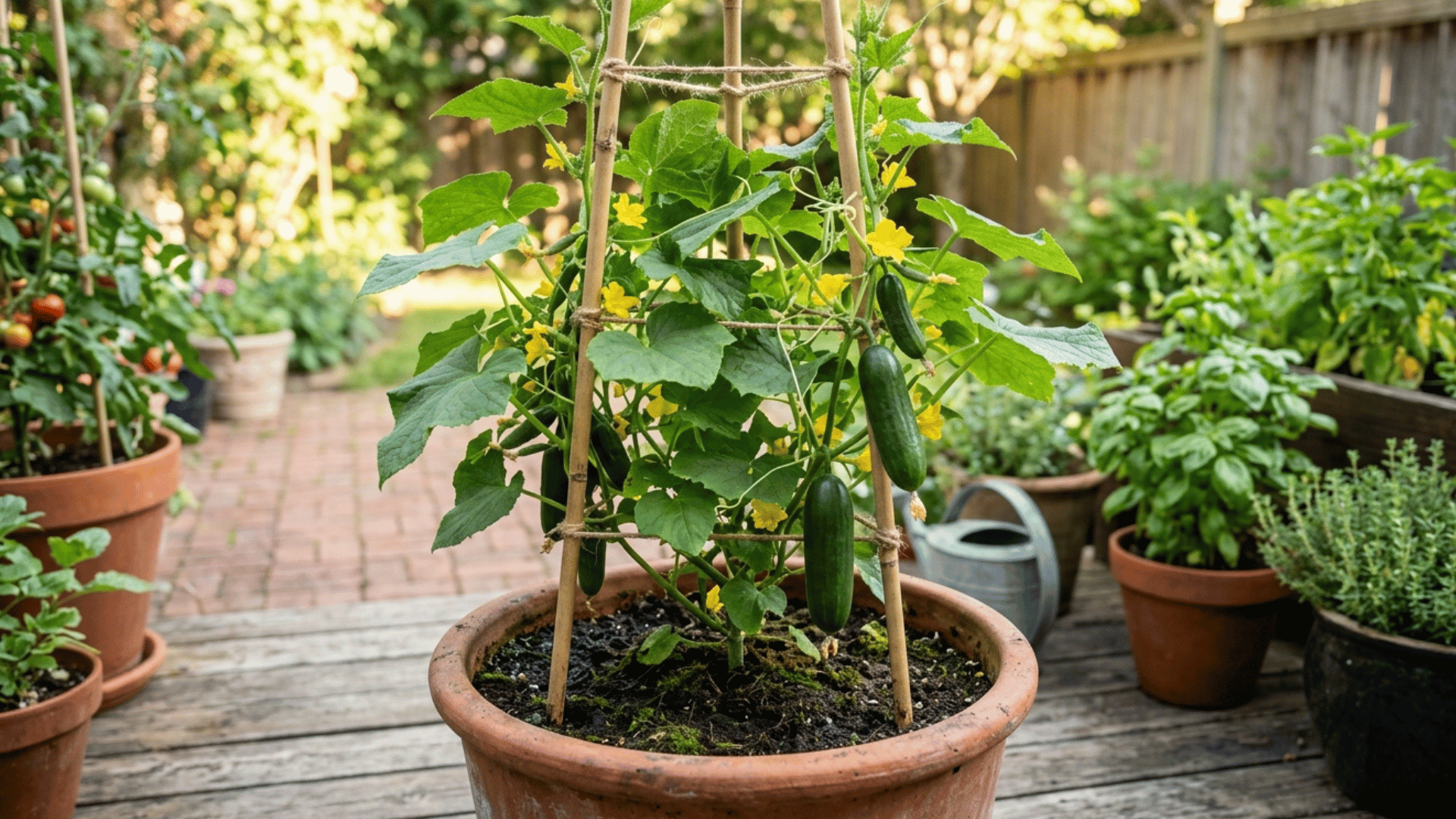 cucumber plant growing in a pot with trellis support and fresh cucumbers.