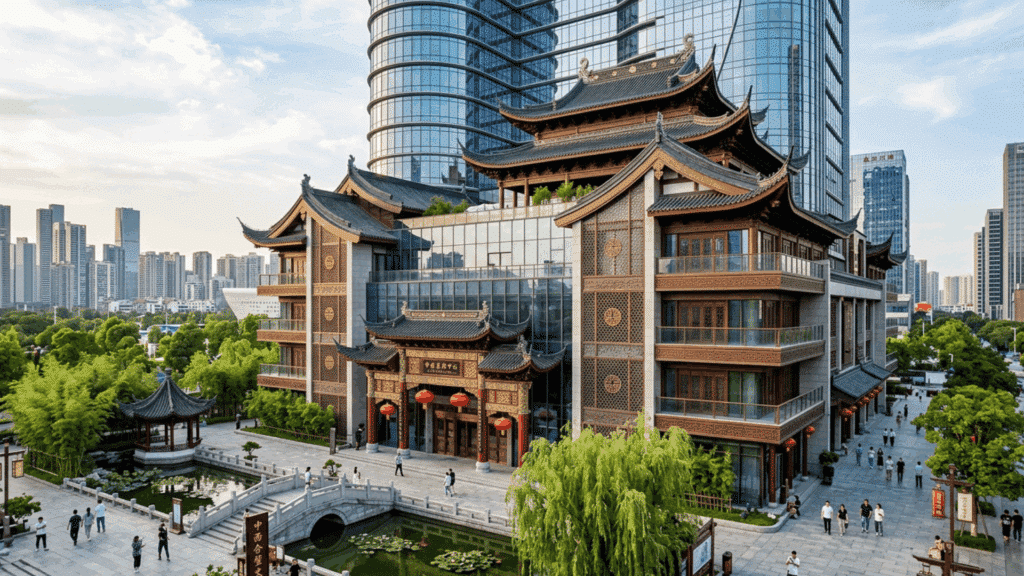 cultural fusion building combining traditional Chinese roofs with modern glass and city skyline.