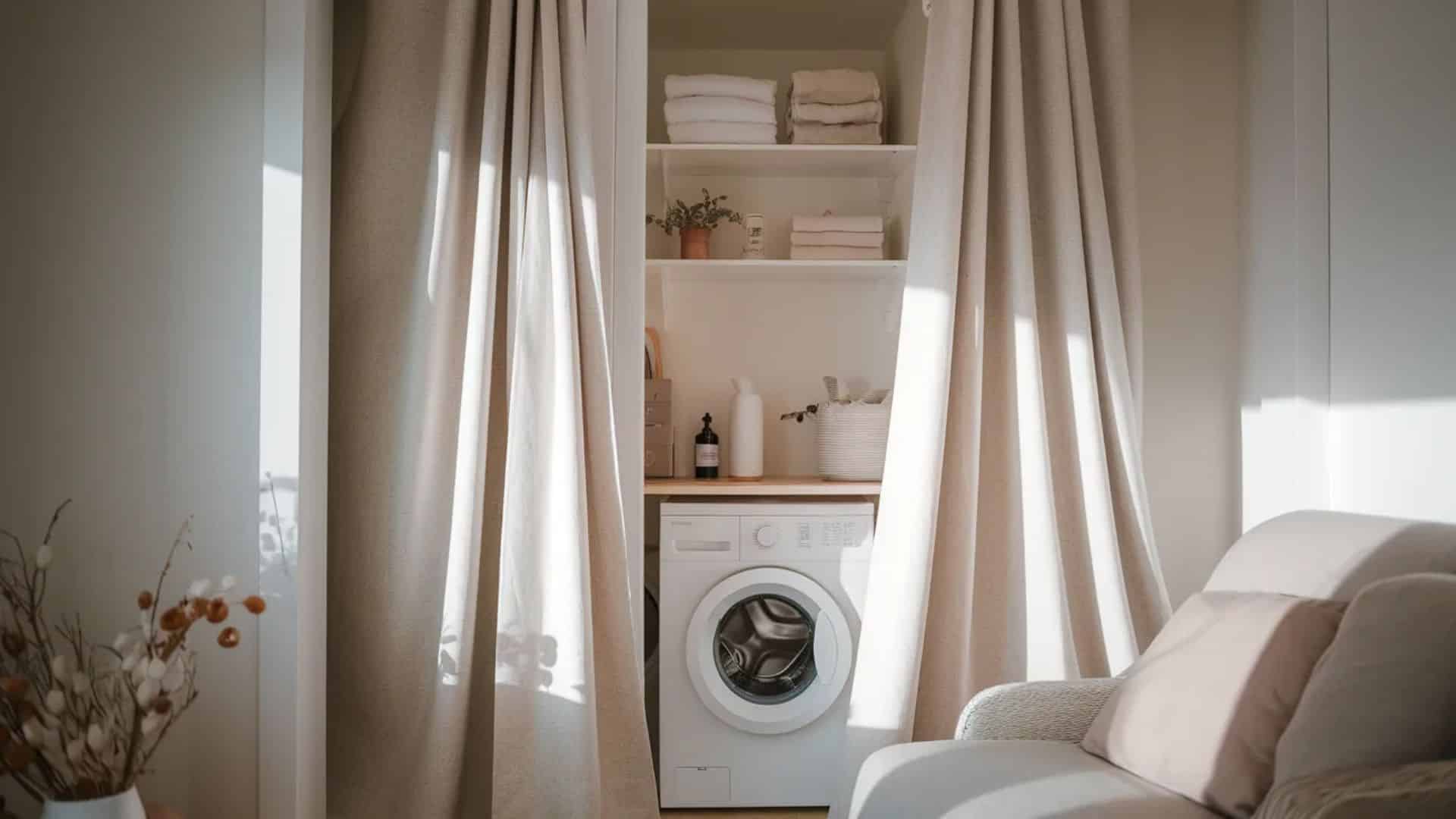 curtain-covered laundry nook with soft beige fabric drapes, front-load washing machine, open shelves with towels and baskets, and a cozy minimal home setting (1)