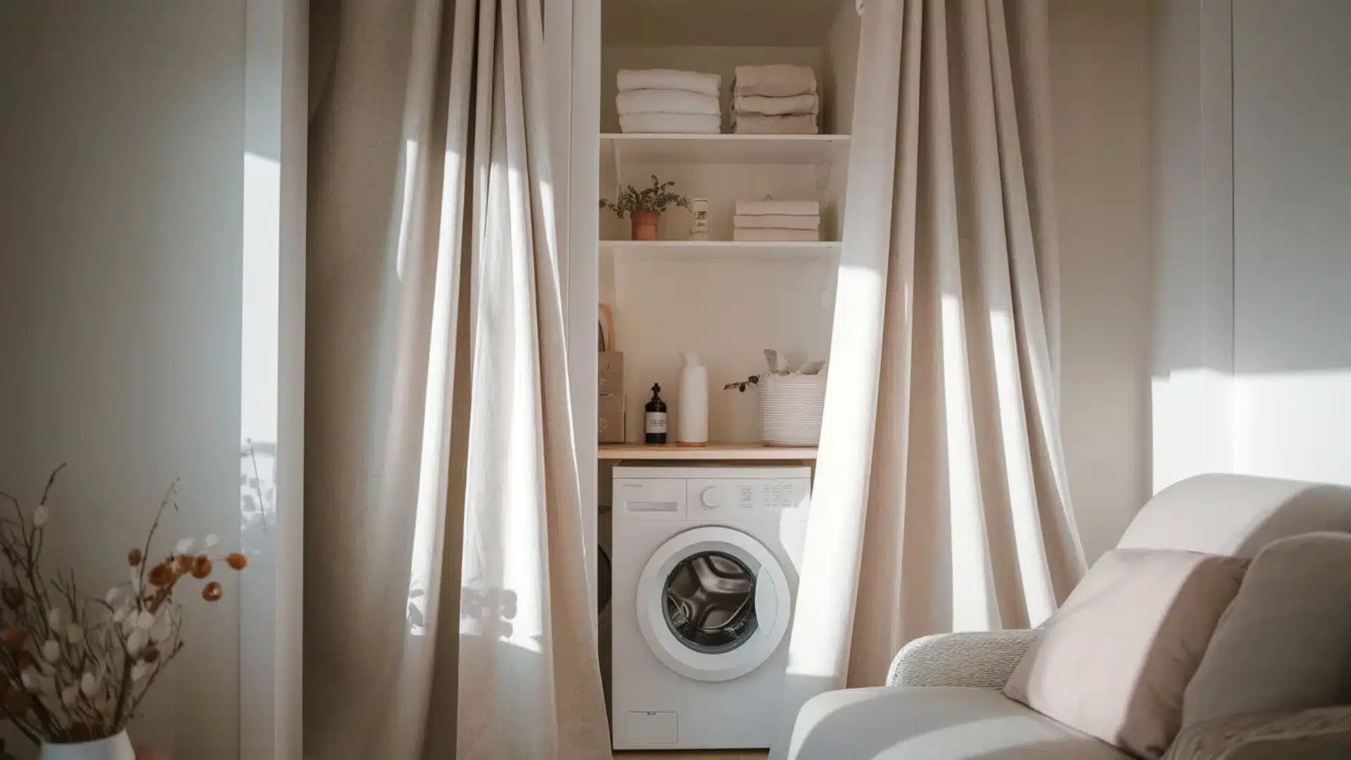 curtain-covered laundry nook with soft beige fabric drapes, front-load washing machine, open shelves with towels and baskets, and a cozy minimal home setting (1)