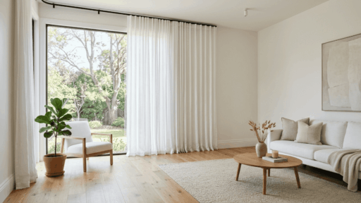 curtains touch the floor in a modern living room with white linen floor length curtains and hardwood flooring
