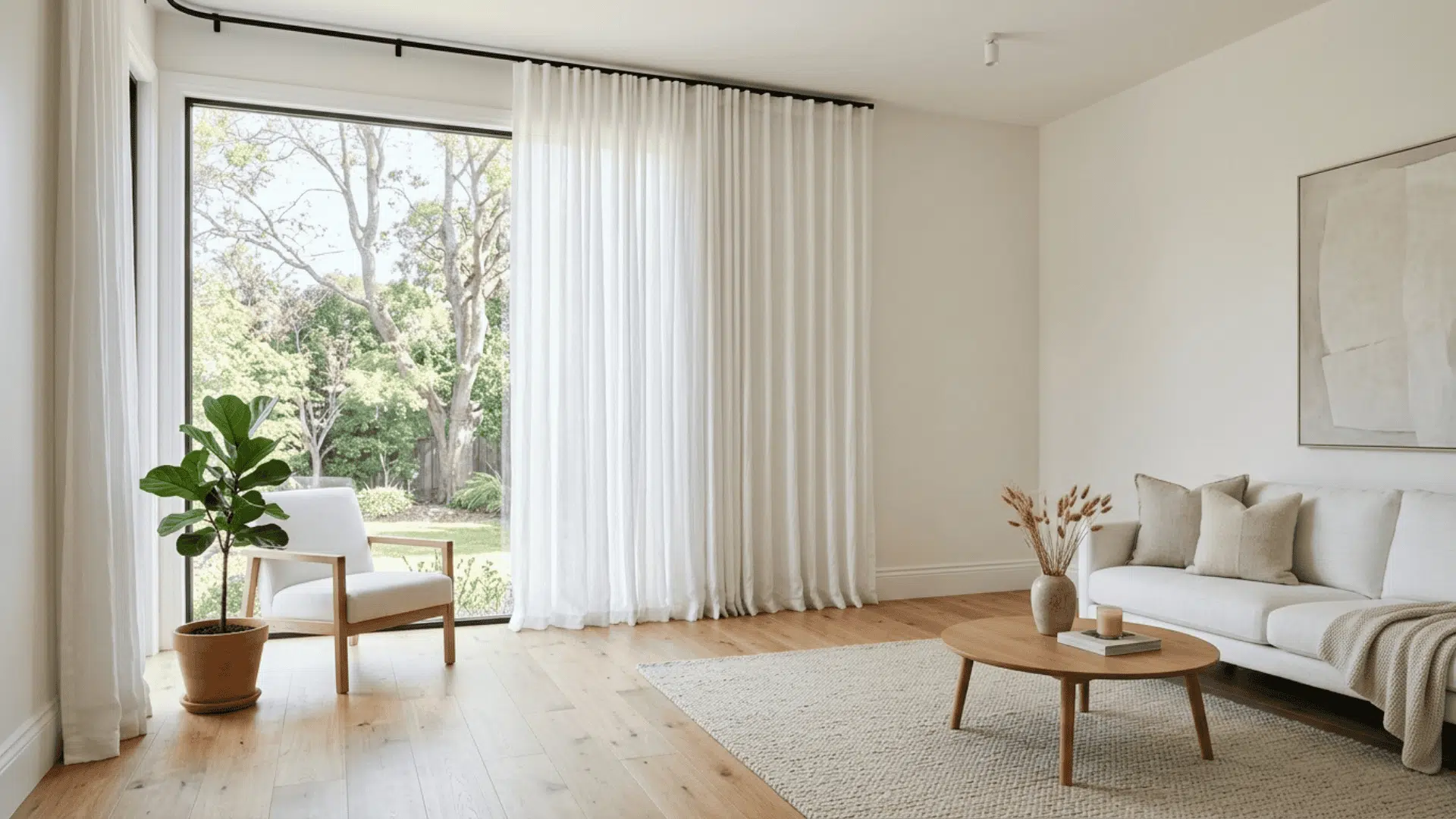 curtains touch the floor in a modern living room with white linen floor length curtains and hardwood flooring