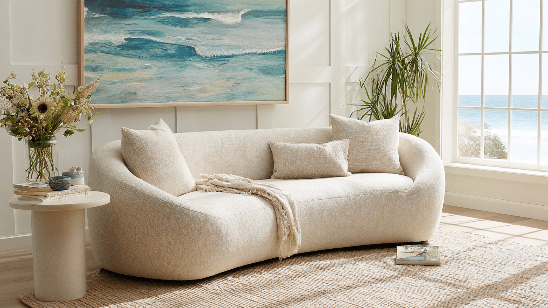 curved beige sofa with cushions and throw placed near large window with ocean view painting soft rug and bright coastalroom setting