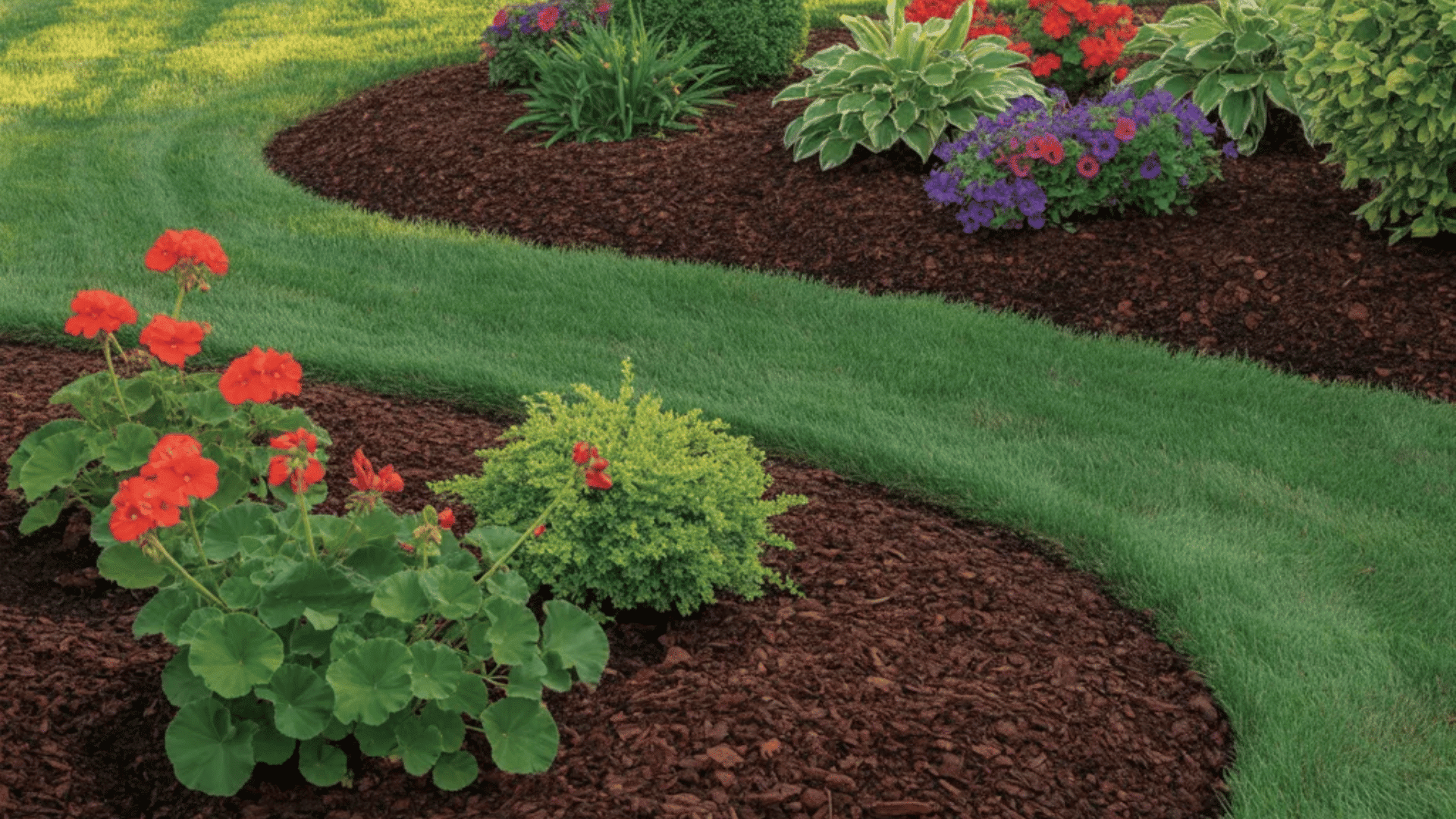 curved mulch beds with colorful flowers and shrubs set within a neatly mowed lawn creating soft flowing garden shapes