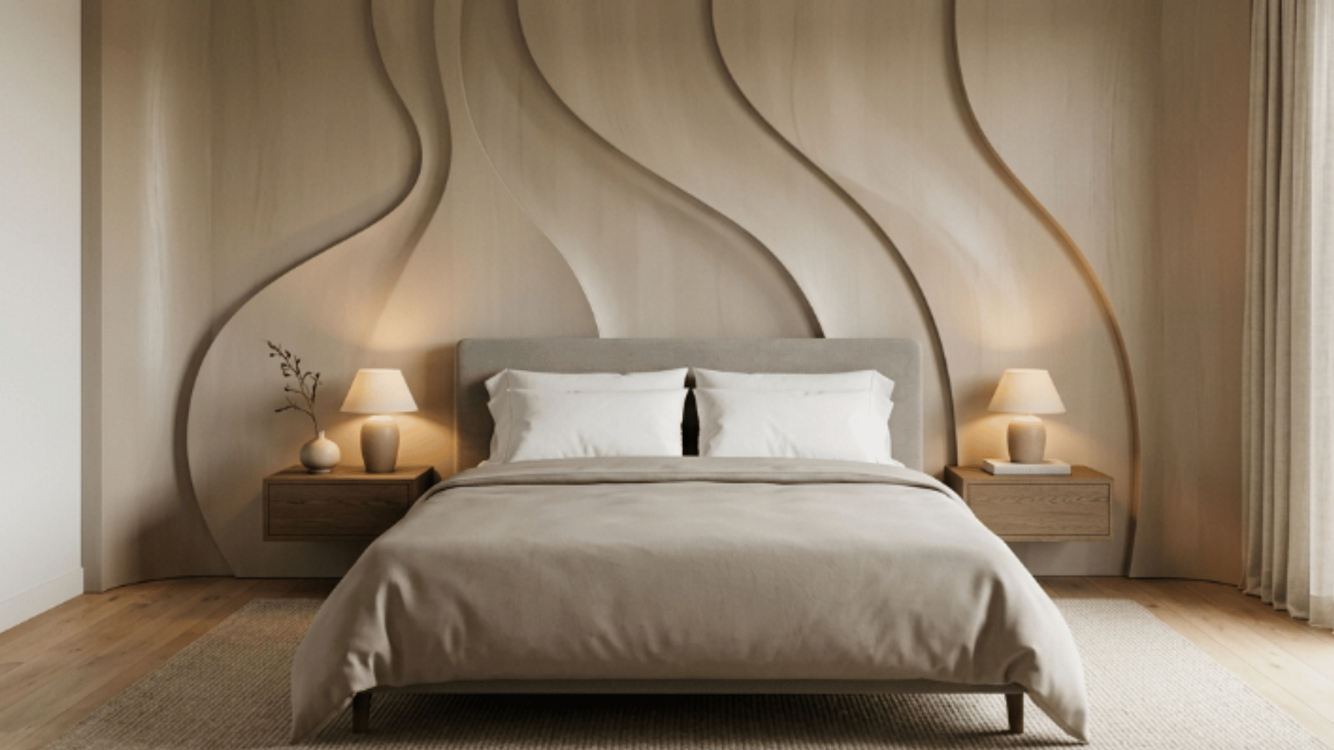 curved wall panels adding smooth shapes and a relaxed feel to the bedroom space