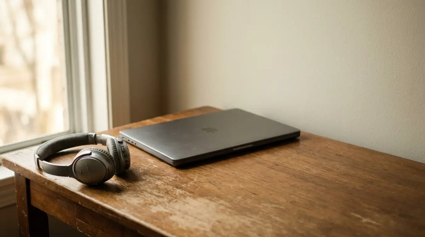 Closed laptop and headphones on a wooden desk near a window in soft natural light