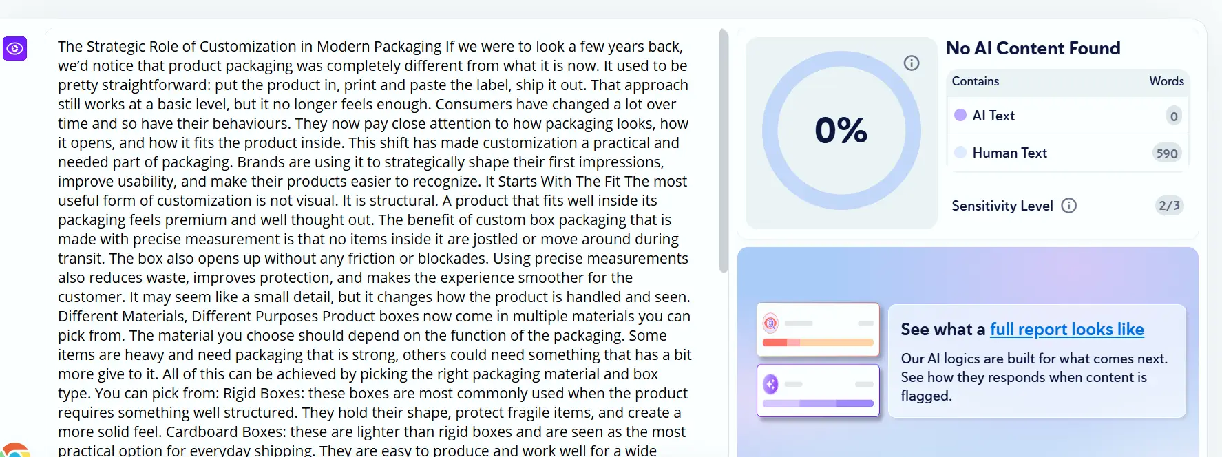 Text analysis dashboard showing zero percent AI content detected with a detailed report and charts