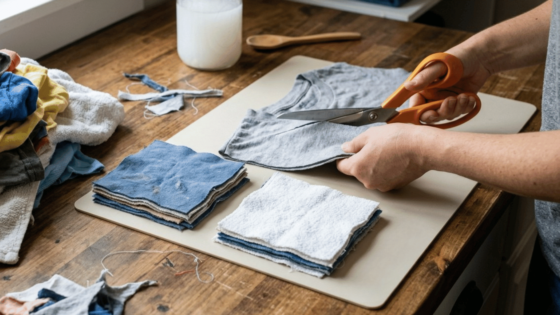 cutting fabric pieces on a table to make reusable dryer sheets at home.