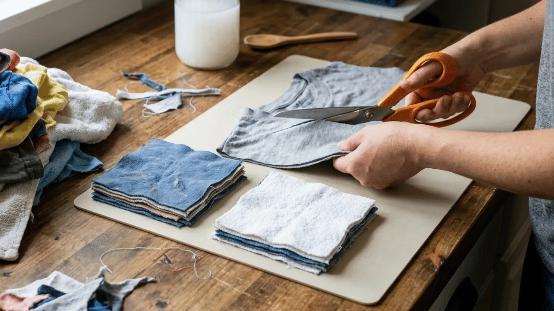 cutting fabric pieces on a table to make reusable dryer sheets at home.