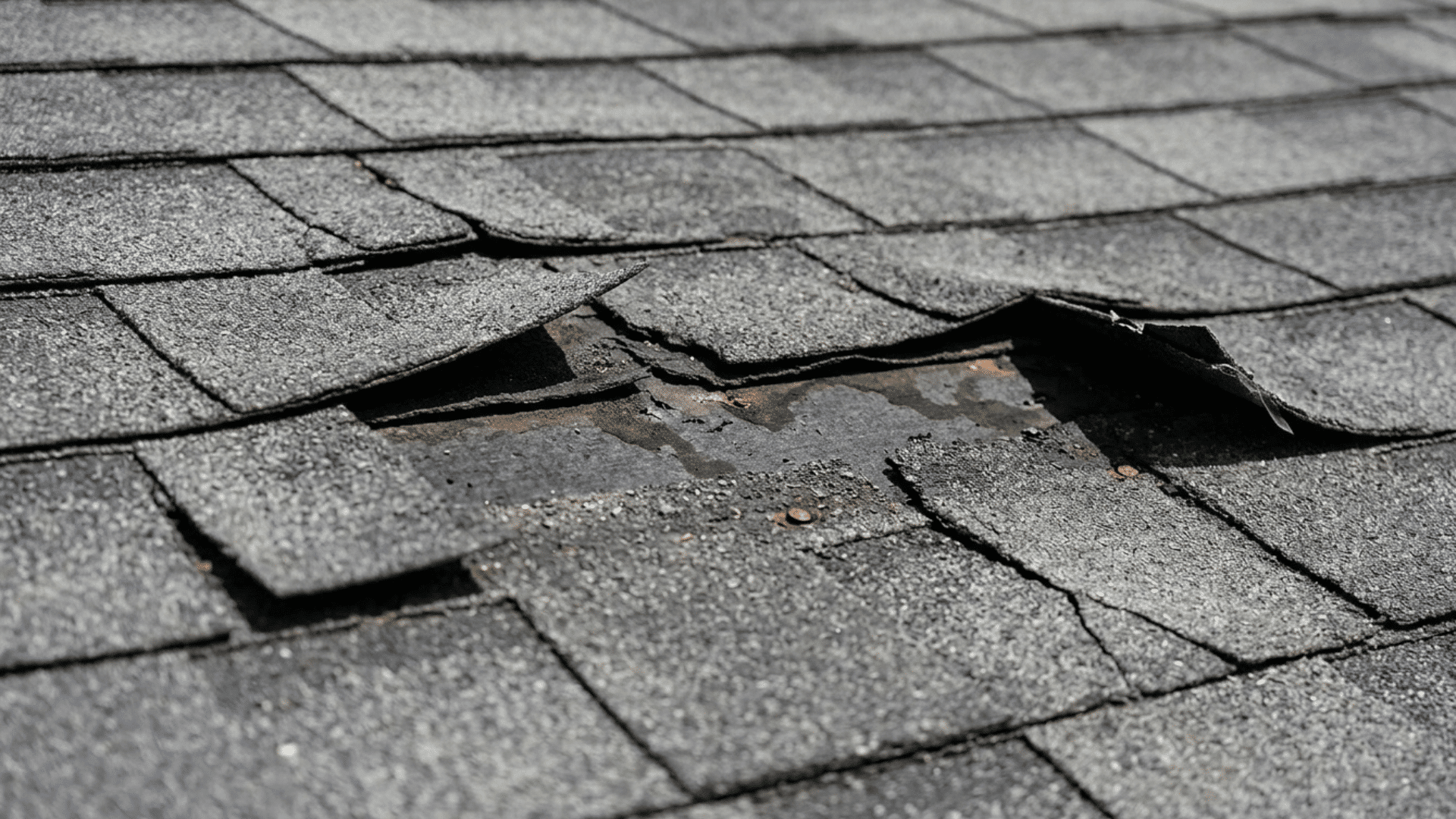damaged asphalt roof shingles lifting and exposing underlayment causing potential roof leak.