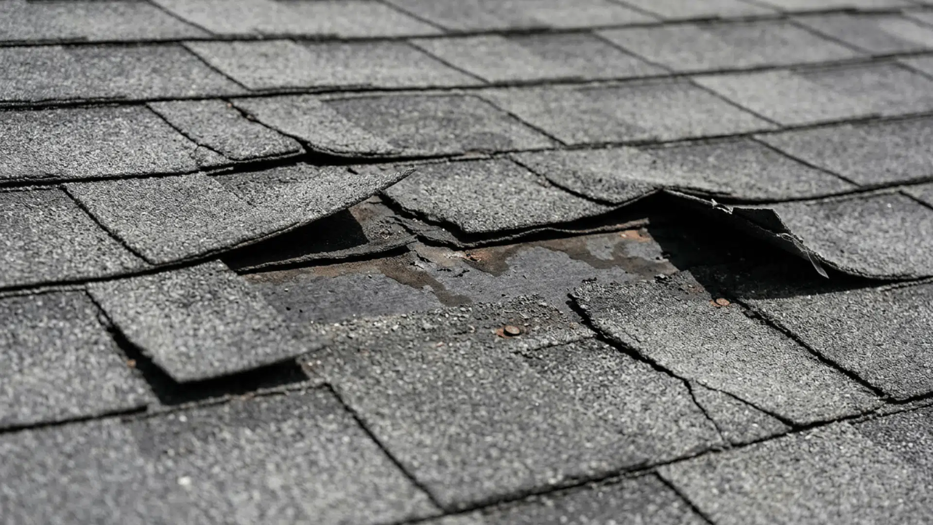 damaged asphalt roof shingles lifting and exposing underlayment causing potential roof leak.