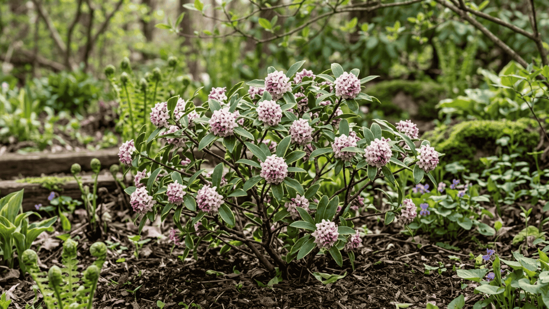 daphne shrub with tiny fragrant pink and white flower clusters on compact branches in a partially shaded early spring garden