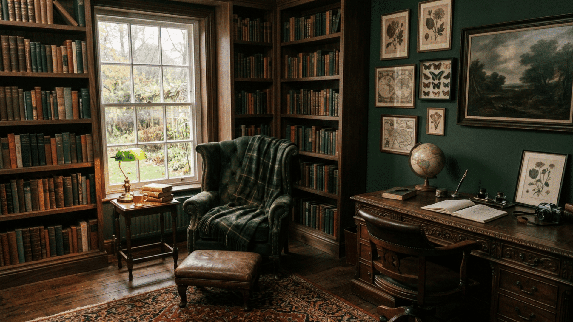 dark academia room with bookshelves, vintage desk, deep tones, and classic decor.