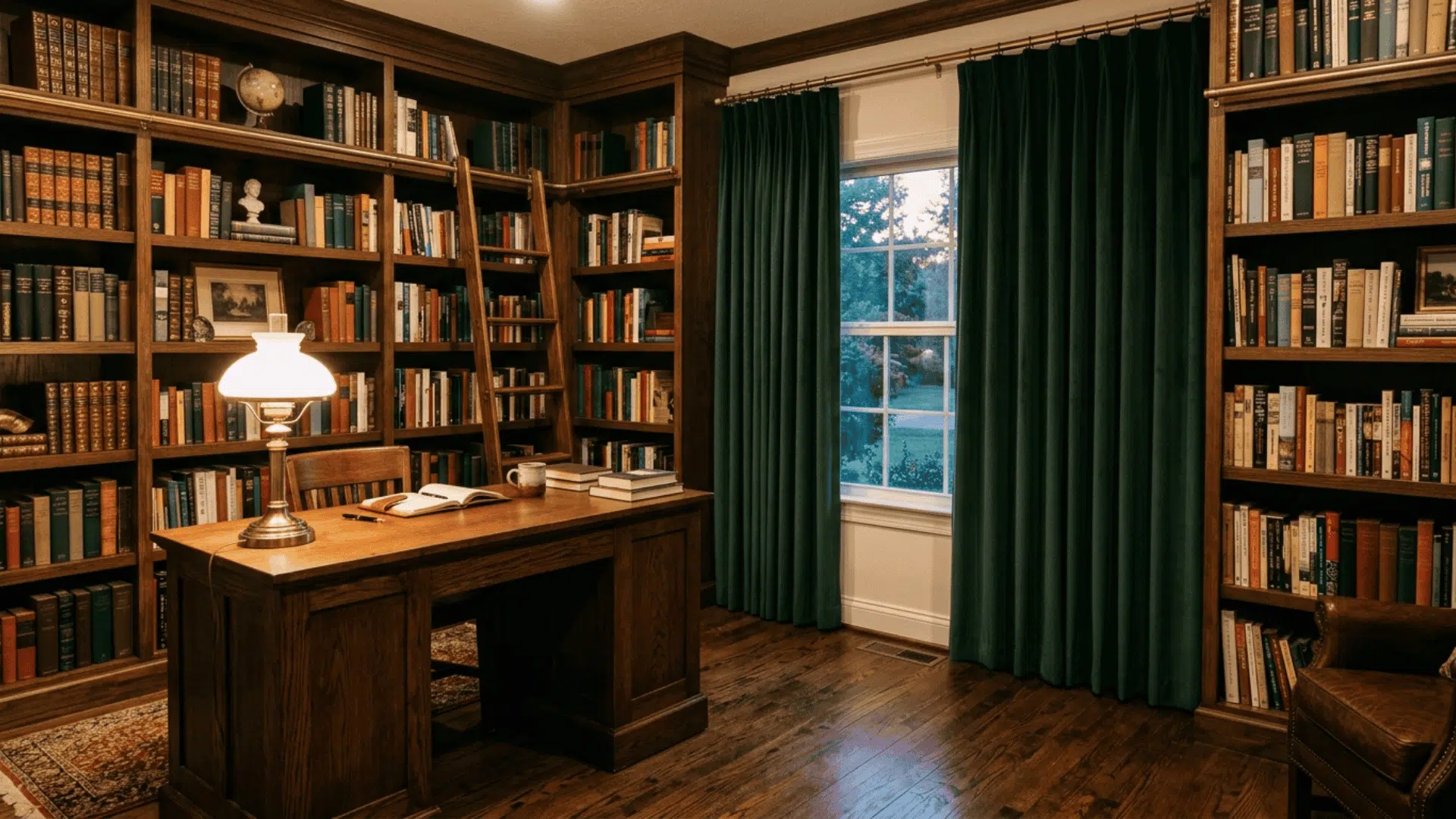 dark green curtains ending precisely at floor level in a home library with built in bookshelves warm ambient lighting and structured wooden furniture