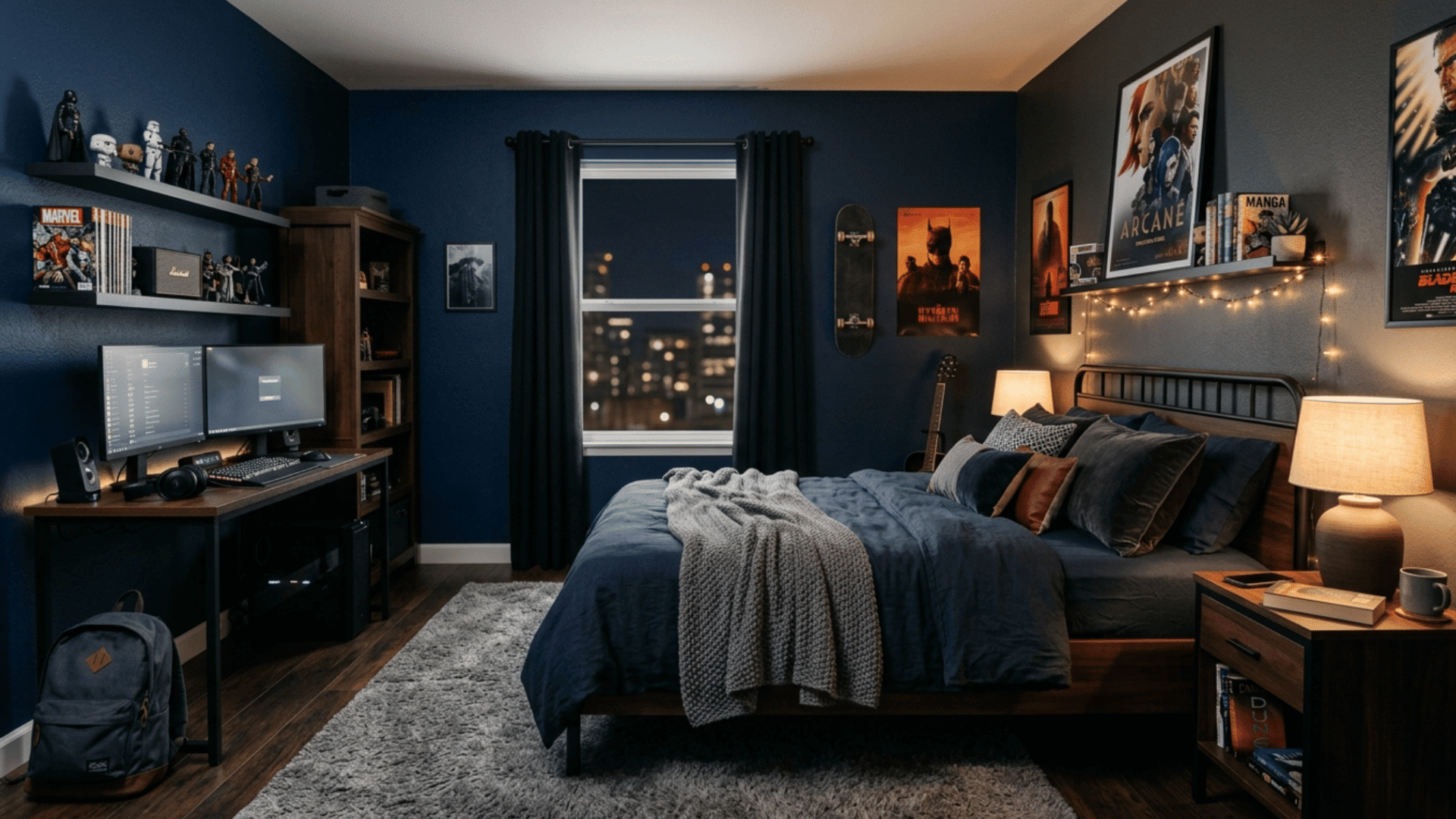 dark moody teen bedroom with navy walls cozy bed and warm lighting setup