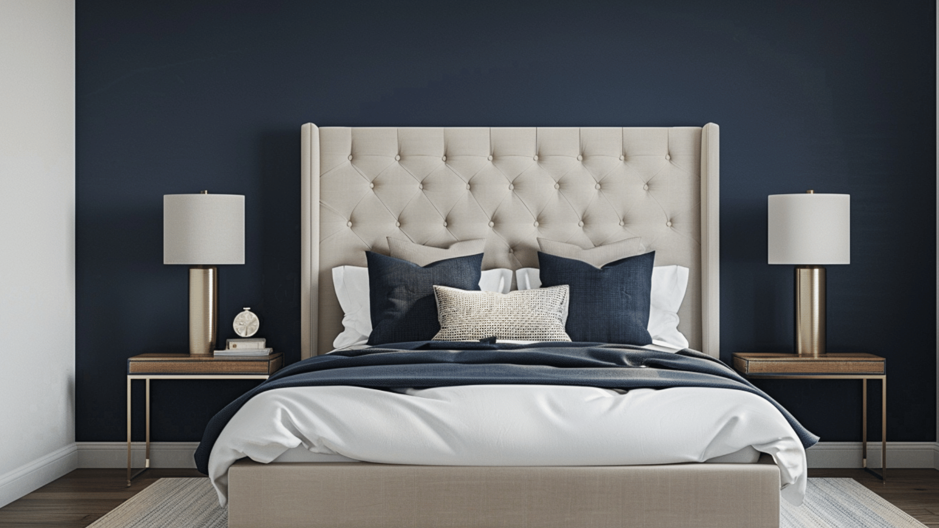 dark navy wall behind bed with light bedding and soft lighting creating a calm and balanced bedroom look